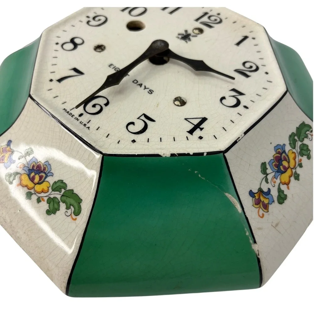 Vintage Miller 8 Day Porcelain Wall Clock Green Floral Octagon Wind Up USA 30's
